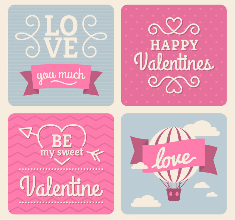 4 pink valentine cards vector material
