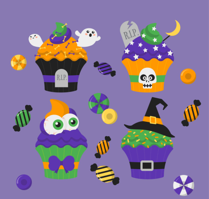 4 Vector cartoon Halloween cupcakes
