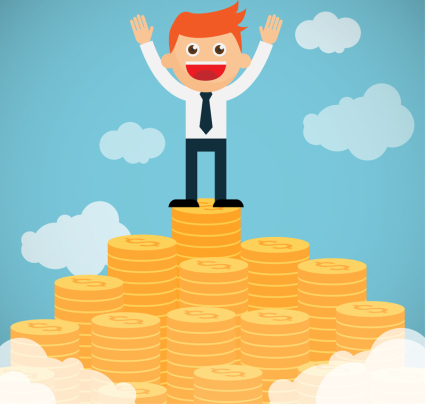 Gold heap vector cheering business man