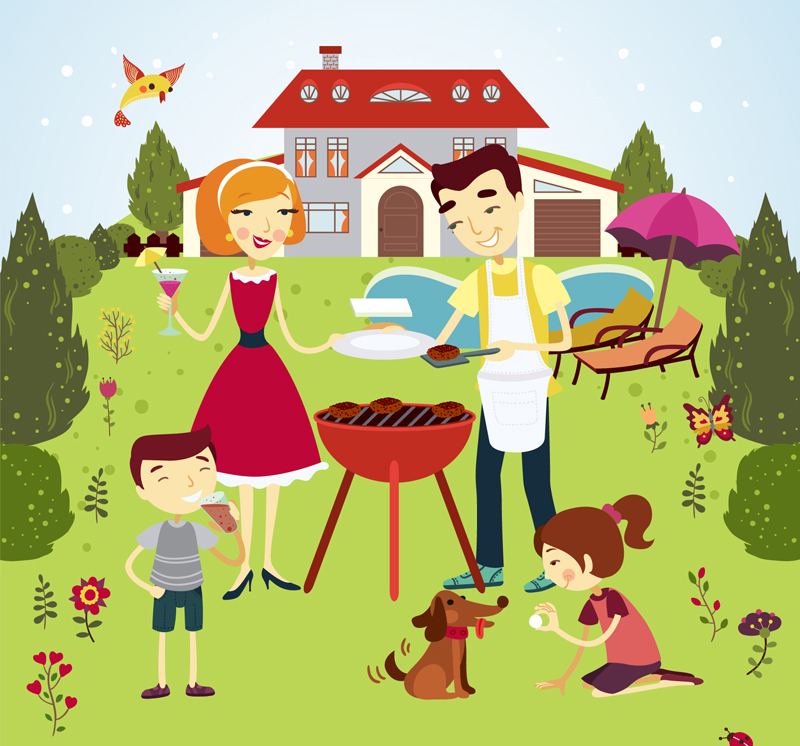 Outdoor barbecue family of four vector material