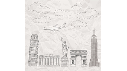 5 famous buildings painted vector material