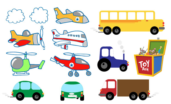 Aircraft, helicopters, cars, tractors, trains and toy vector