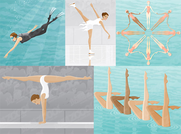Scuba diving, skating, synchronized swimming, gymnastics, balance beam 