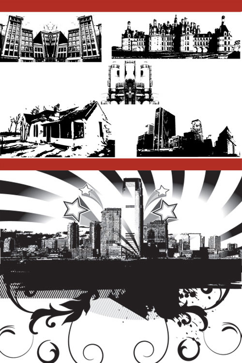 Urban architecture black and white silhouette - vector material