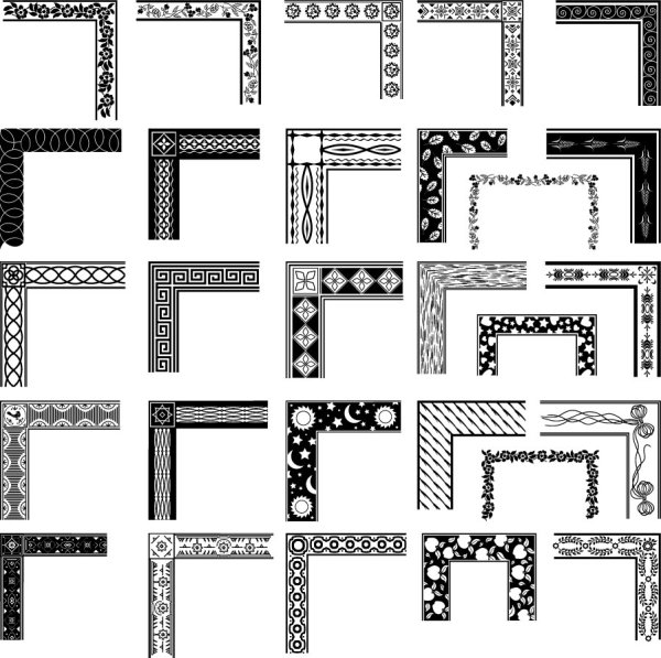 Black and white pattern border corner 03 - vector