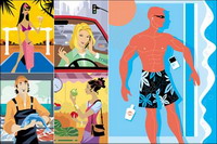 Vacation, driving, shopping, selling fish vector