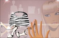 Vector fashion showcase of goods and material girls