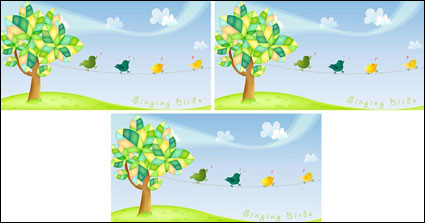 Lovely trees singing bird vector material