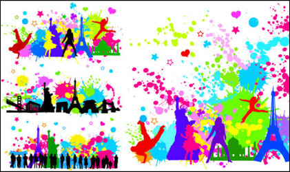 Trend figures dot the city silhouette vector material